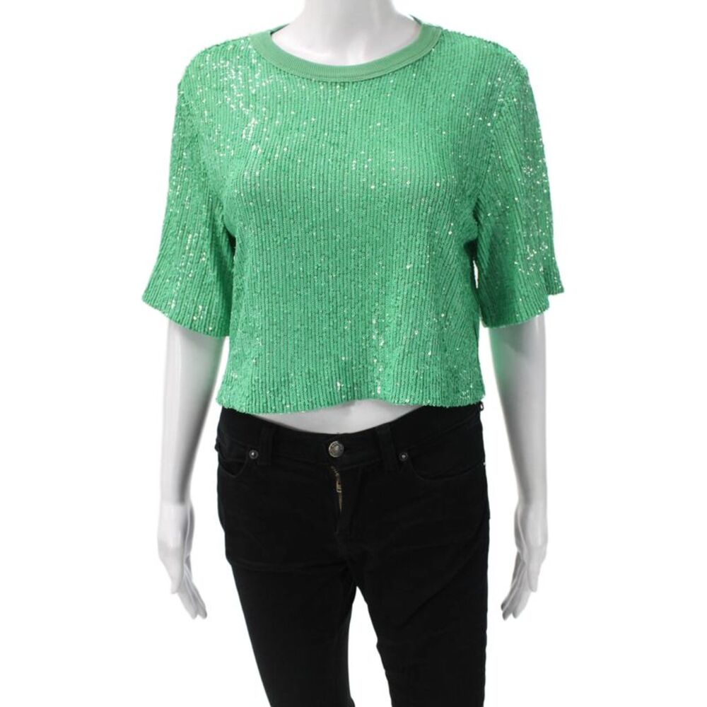 ITMFL Womens Cropped Green Polyester Crew Neck Short Sleeve T-Shirt 80s Size XS